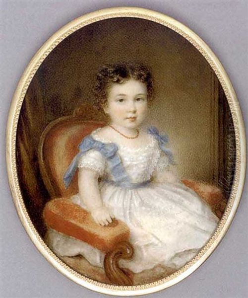 A Child, Theodor, Aged Two, Seated In A Red Upholstered Wooden Chair, In White Dress With Lace-trimmed Bodice And Sleeves, Blue Sash And Bows At Shoulders, Coral Necklace, Curling Brown Hair - view 1