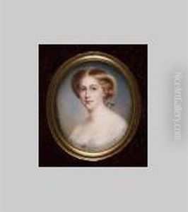 Young Lady, Wearing Decollete White Dress With Pearl At Her Corsage And Pink Roses In Her Upswept Blonde Hair by Richard Schwager