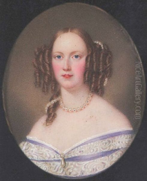 A Lady Wearing Decollete Mauve Dress With White Lace Bands And White Underslip, Drop Pearl Pendant, Pearl Necklace And Strand Of Pearls Entwined In Ringlets - view 1