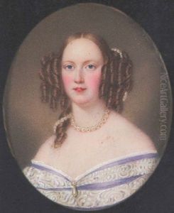 A Lady Wearing Decollete Mauve Dress With White Lace Bands And White Underslip, Drop Pearl Pendant, Pearl Necklace And Strand Of Pearls Entwined In Ringlets
