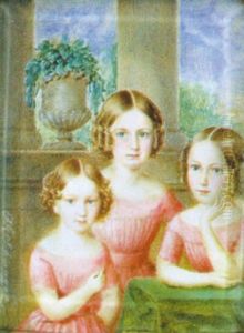 Drei Schwestern In Rosa Kleidern Auf Einer Veranda by Richard Schwager