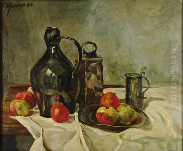 Stilleben Mit Krug, Zinngefasen Und Apfeln - view 1