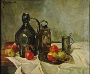 Stilleben Mit Krug, Zinngefasen Und Apfeln by Fritz Schwaiger
