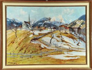 Dorf Im Fruhling Mit Altschnee Vor Schneebedeckten Bergen by Fritz Schwaiger