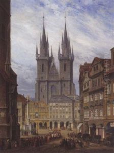 Der Altstatter Ring Und Die Teynkirche In Prag by H. Schwan