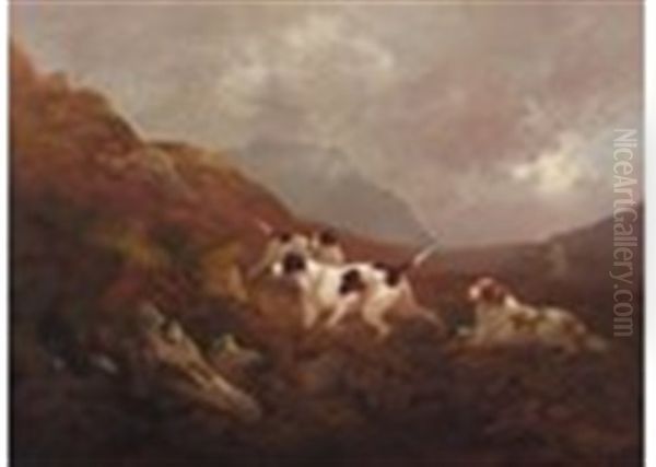 Pointers And Spaniel In A Moorland Landscape - view 1
