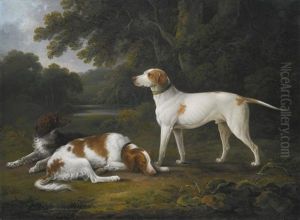 Two Spaniels And A Hound In A Wooded River Landscape Two Spaniels And A Hound In A Wooded River Landscape