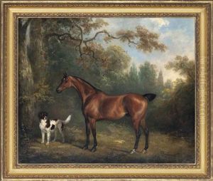 A Bay Horse And A Spaniel In A Wooded Landscape