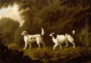 English Setters In A Wooded Landscape by Charles Henry Schwanfelder
