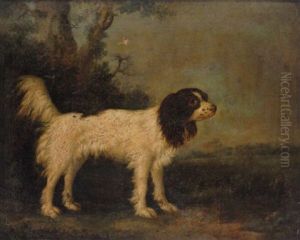 A Liver And White King Charles Spaniel In A Landscape by Charles Henry Schwanfelder