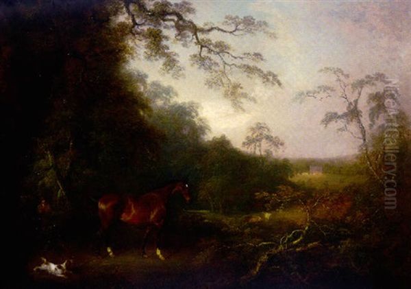Portrait Of A Bay Hunter In An Extensive Landscape With The Artist At Work - view 1
