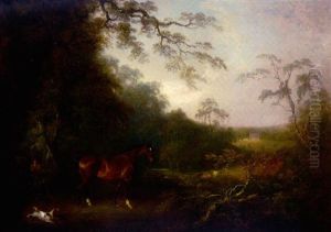 Portrait Of A Bay Hunter In An Extensive Landscape With The Artist At Work by Charles Henry Schwanfelder