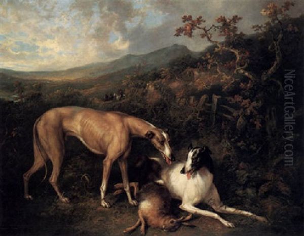 Two Greyhounds In A Landscape With Their Prey - view 1