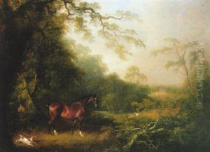 A Chestnut Stallion And A Spaniel In A Landscape, With A Country House Beyond