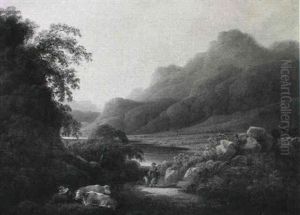 Romantisk Landskab, I Forgrunden Kvaeg Og Gaende Pa En Vej Romantisk Landskab, I Forgrunden Kvaeg Og Gaende Pa En Vej