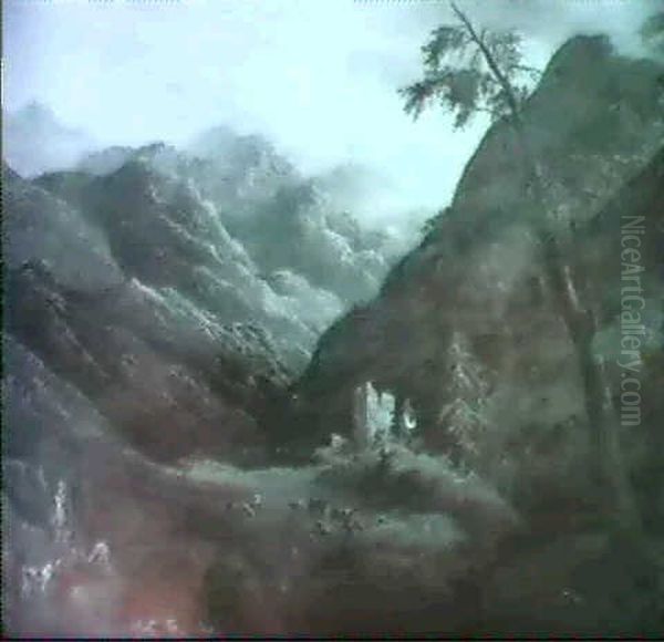Rustics And Their Dog Tending Cattle And Goats Near A Ruinedcastle, In A Extensive Mountainous Landscape - view 1