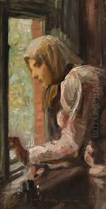 A Young Girl Looking Out The Window by Frans Schwartz