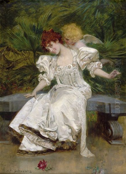 Elegante Dame Auf Einer Bank Im Palmenhaus Der Pfaueninsel, Von Einem Amorknaben Geneckt - view 1
