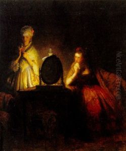 Interior Med To Kvinder I Lampelys by Frans (Johan Georg F.) Schwarz