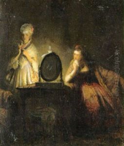 Ung Pige Der Pynter Sig Roan Toiletspejlet, Hendes Veninde Ser Beundrende Pa by Frans (Johan Georg F.) Schwarz
