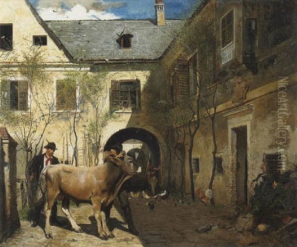 A Farmyard Scene With Two Figures And A Bull - view 1