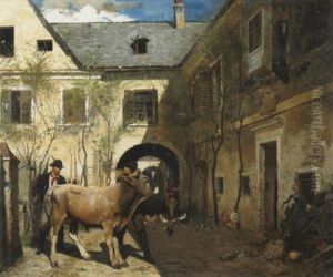 A Farmyard Scene With Two Figures And A Bull by Franz Wenzel Schwarz