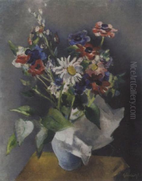 A Still Life With Anemones And A Marguerite In A Blue Vase - view 1