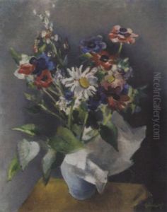 A Still Life With Anemones And A Marguerite In A Blue Vase by Mommie Schwarz