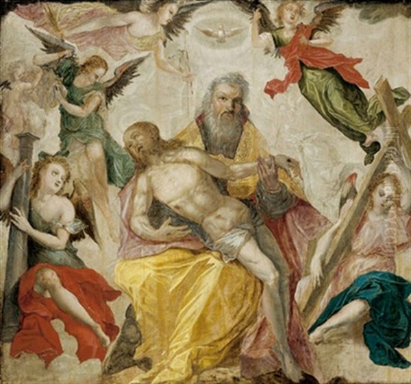 Gnadenstuhl Mit Engeln, Welche Die Leidenswerkzeuge Christi - Dornenkrone, Geiselsaule, Kreuz Und Kreuznagel - Tragen - view 1
