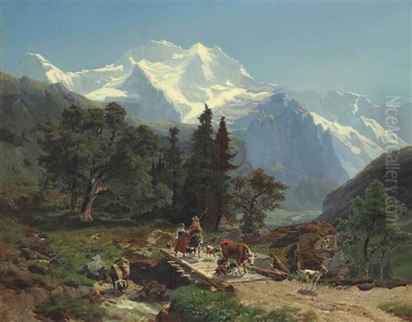 Drovers On A Bridge In An Alpine Landscape - view 1