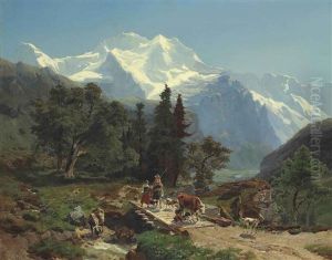 Drovers On A Bridge In An Alpine Landscape by Carl Schweich