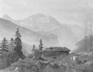 Gebirgsalm, Im Vordergrund Sennerin Beim Melken by Carl Schweich