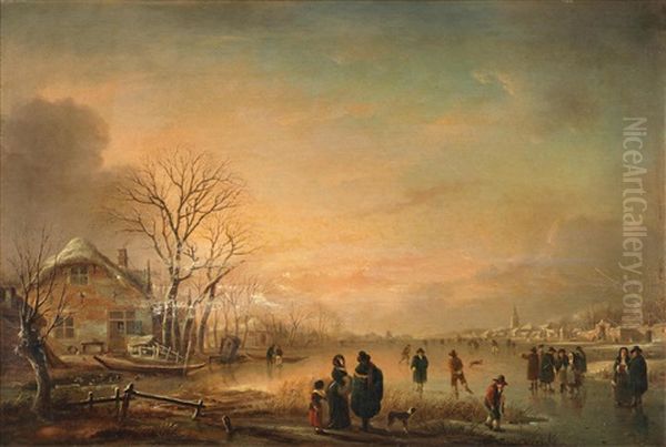 A Winter Landscape With Figures Ice Skating - view 1