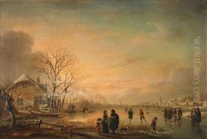 A Winter Landscape With Figures Ice Skating by Heinrich Wilhelm Schweickardt