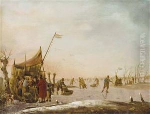 Eisvergnugen - Winterlandschaft Mit Zugefrorenem Gewasser Und Reicher Figurenstaffage