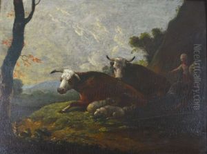 Young Sherpherdess And Boy Resting With Cattle