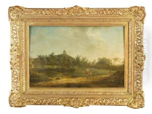 Peasants On A Pathway By A Hill And Some Houses by Heinrich Wilhelm Schweickardt