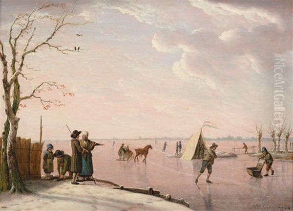 Frozen River Landscape With Figures Skating - view 1