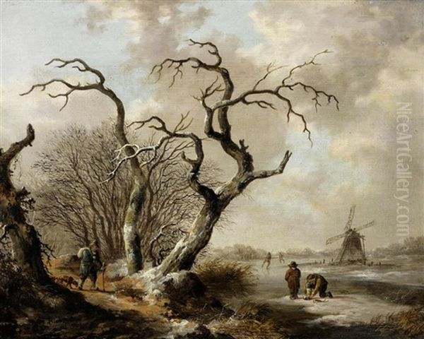 A Winter Landscape With A Man Walking His Dog Beside A Frozen River With Skaters And A Windmill Beyond; And A Winter Landscape With A Skater On A Frozen River Beside A Bridge With A Horse-drawn Sled And Church Beyond (2) - view 1