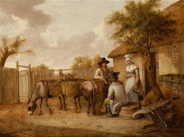 Three Figures With Donkeys On A Farmyard - view 1