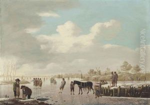 A Winter Landscape With Figures And Skating And Conversing On The Ice, Windmills On The Shore Beyond by Heinrich Wilhelm Schweickardt