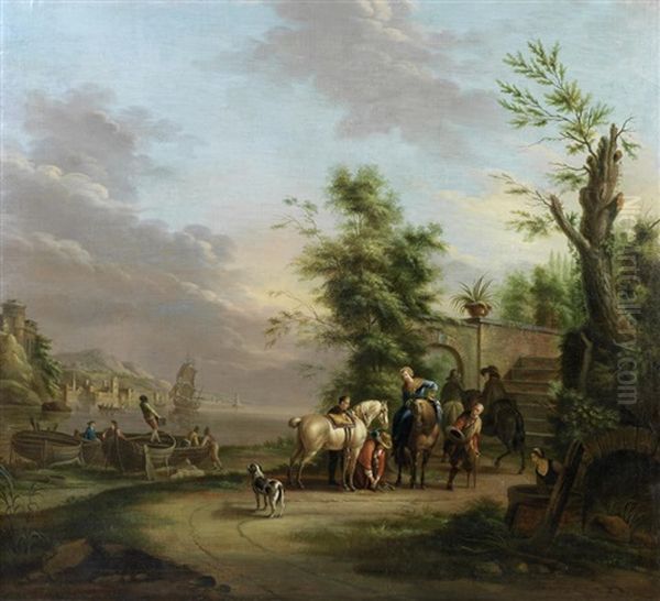 Travellers Halted By A River Bank Unframed - view 1