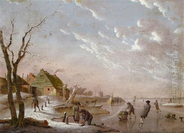 Winter Scene With Skaters On A Lake - view 1
