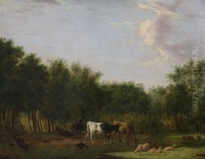 Cattle And Sheep In A Woodland Clearing With A Sleeping Drover