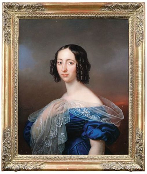 Bildnis Einer Jungen Dame In Blauem Kleid Mit Durchsichtigem Seidenschal In Dreiviertelansicht Nach Links - view 1