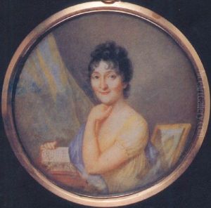 A Lady (frances Gabriella Of Talbot?), Seated At Her Desk, In Yellow Dress, Blue Shawl Over Her Right Shoulder