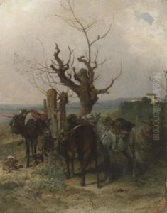 In Der Romischen Campagna. Zwei Gesattelte Pferde Und Ein Packesel Vor Einem Alten Gatter In Der Romischen Campagna. Zwei Gesattelte Pferde Und Ein Packesel Vor Einem Alten Gatter