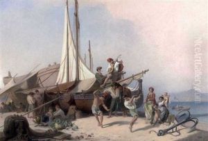 Um Ein An Land Gezogenes Segelboot Vergnugen Sich Neapolitanische Fischer Mit Tanz, Musik Und Speise by Ernst Schweinfurth