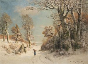Winterlandschaft Mit Reisigsammlerin Und Jagern