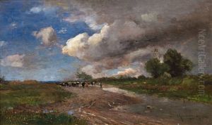 Weitlaufige Landschaftsszene Mit Viehherde Und Bewegtem Lichtspiel Durch Aufziehende Gewitterwolken